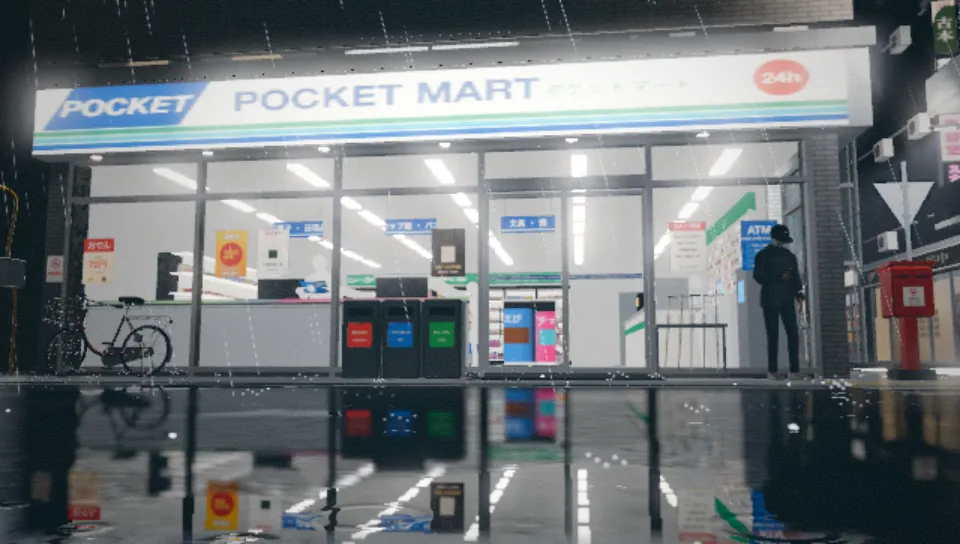A convenience store at night, reflected in wet ground.