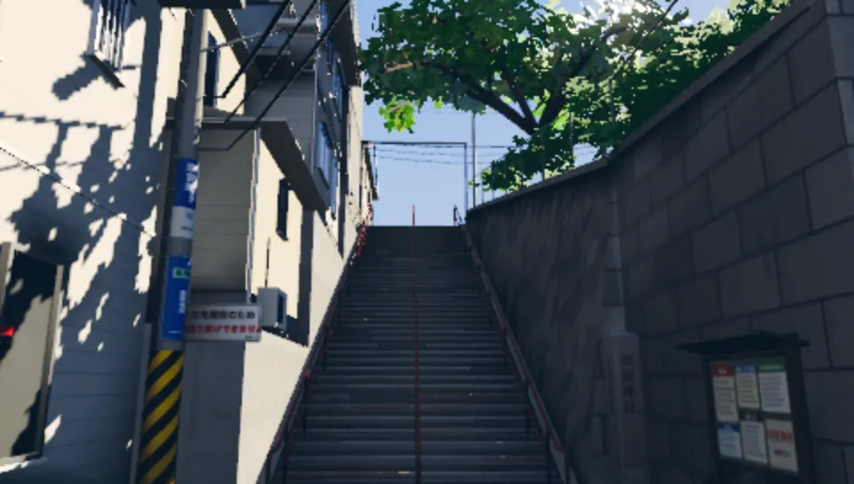 Stone stairs between buildings under a tree, in hard sunlight.