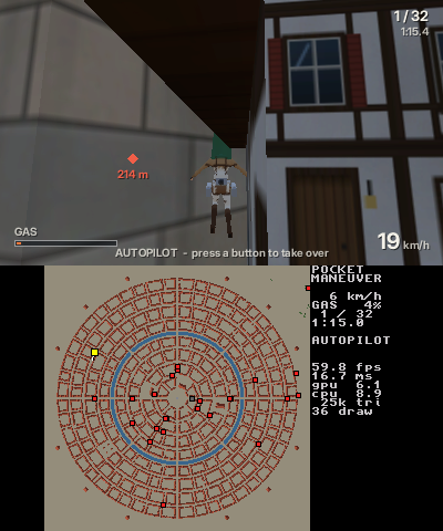 A street view on the upper screen and a town plan on the lower screen.