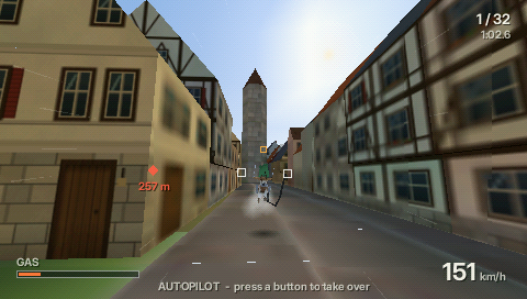 A street of timber houses with a tower at its end.