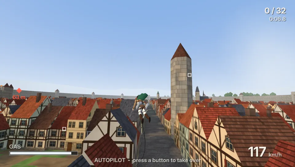 A figure on wires flies over the red roofs of a walled town.