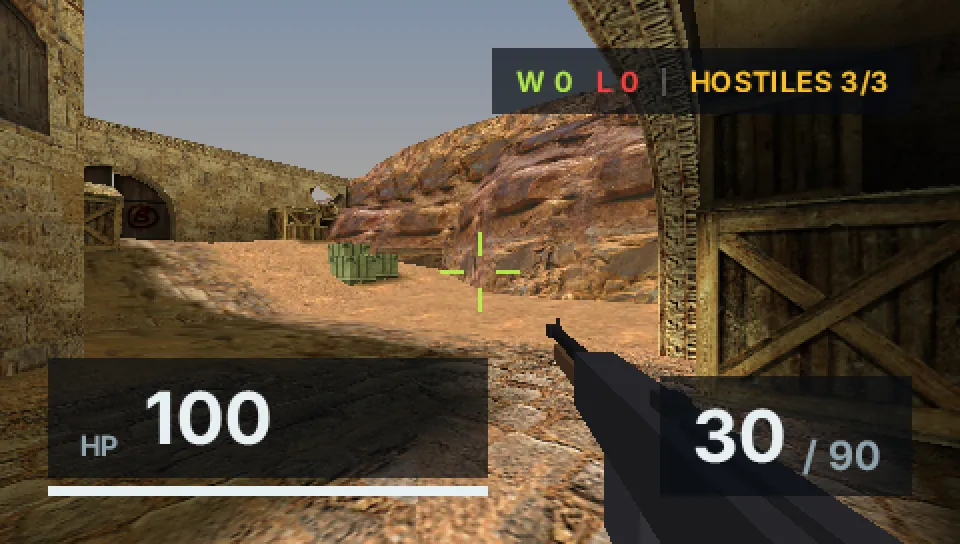 A first-person view of a sunlit courtyard with crates and a rifle.