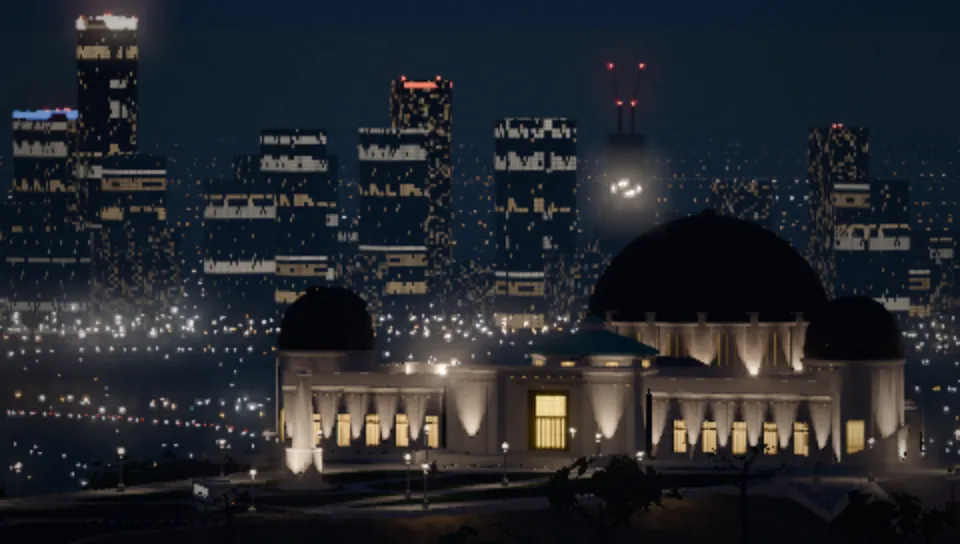 PS Vita capture: an observatory at dusk with a city skyline behind it.
